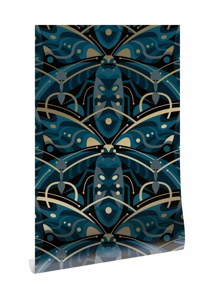 KEK Amsterdam Art Deco Goud Behang Animaux Beetle - Blauw 3 KEK Amsterdam Art Deco Goud Behang Animaux Beetle - Blauw