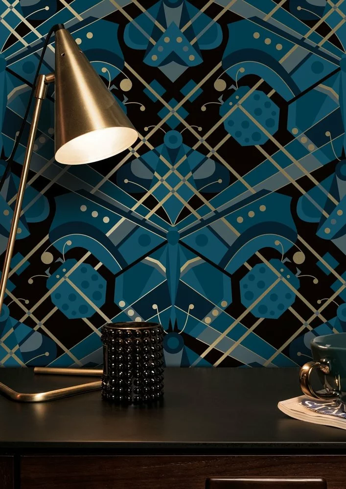 KEK Amsterdam Art Deco Goud Behang Animaux Butterfly - Blauw 4 KEK Amsterdam Art Deco Goud Behang Animaux Butterfly - Blauw - Afbeelding 2